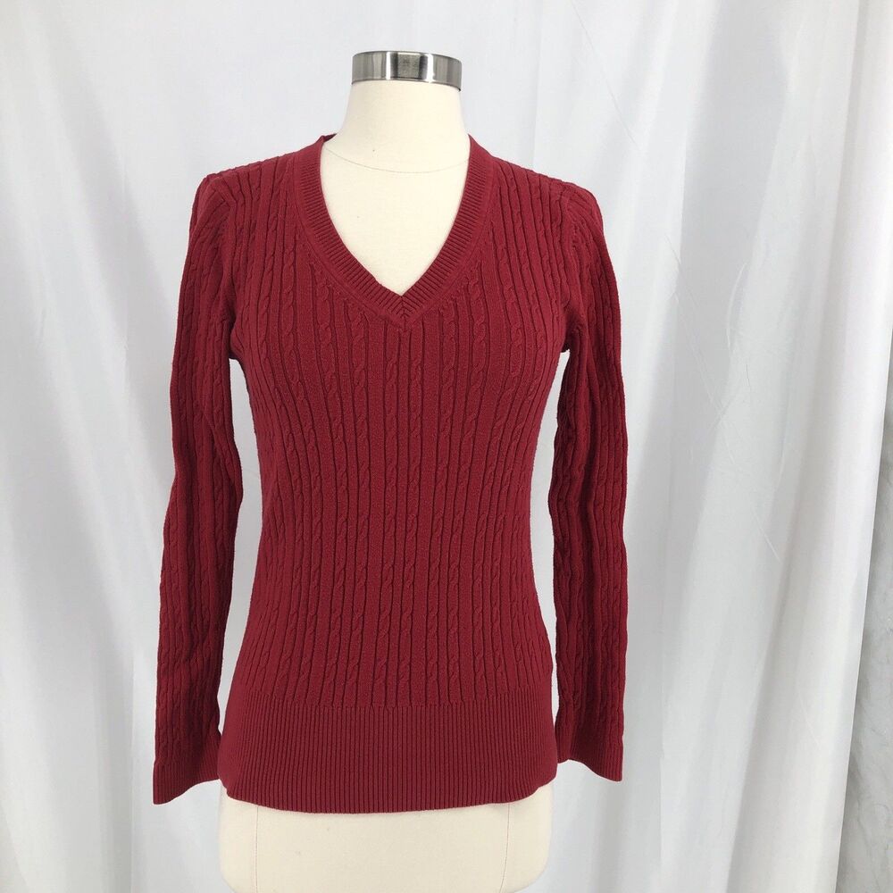Tommy Hilfiger Cable Knit Jumper Women's Medium Red V-Neck Long Sleeve